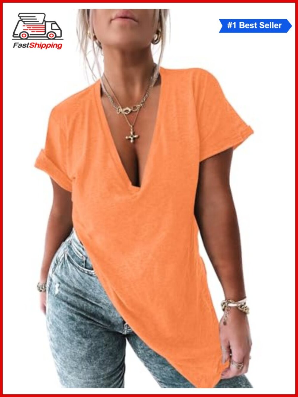 Womens Deep V Neck Oversized Tunic Top Short Sleeve Summer Tee